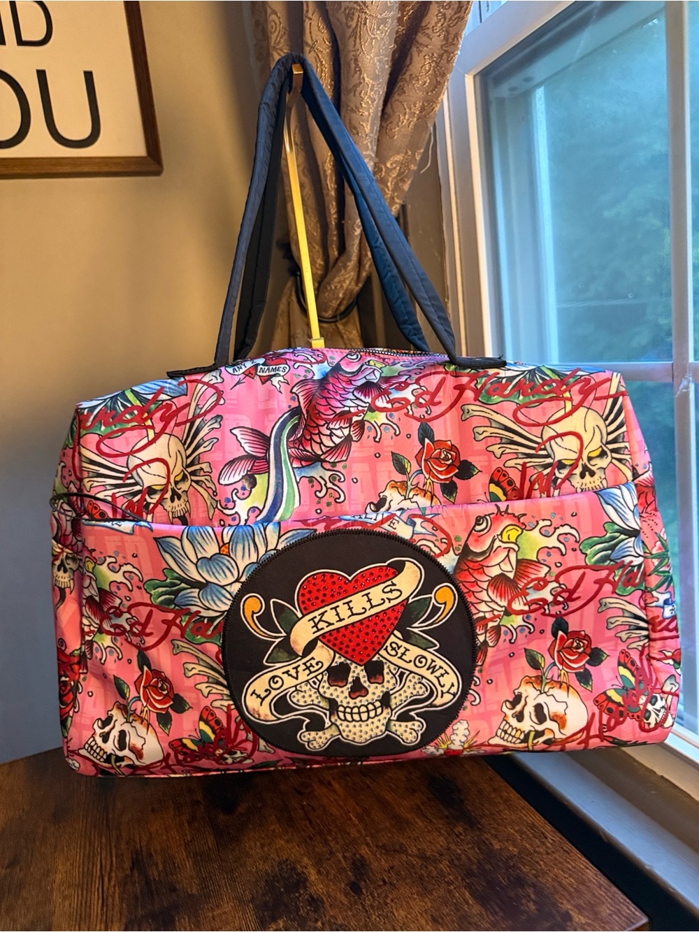 Ed Hardy Pink Tattoo-Print Travel Bag with Heart Skull Patch